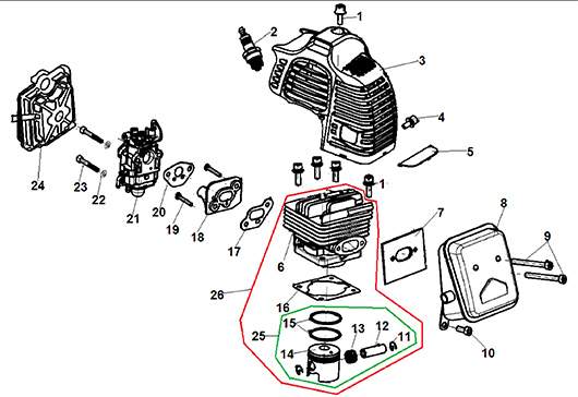 Поршневая группа, карбюратор, глушитель Champion T345